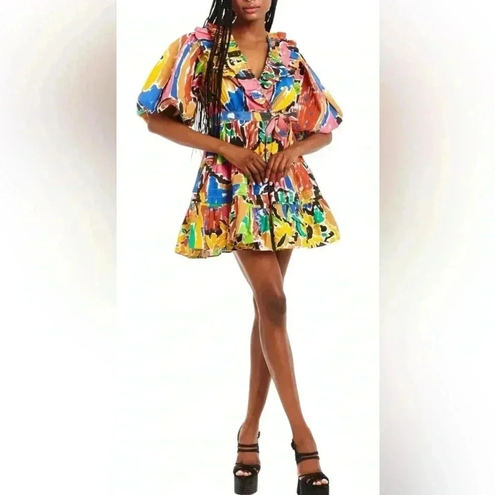 Love The Label Remy Puff Sleeve Wrap Dress Multicolor Abstract Print XS NWT